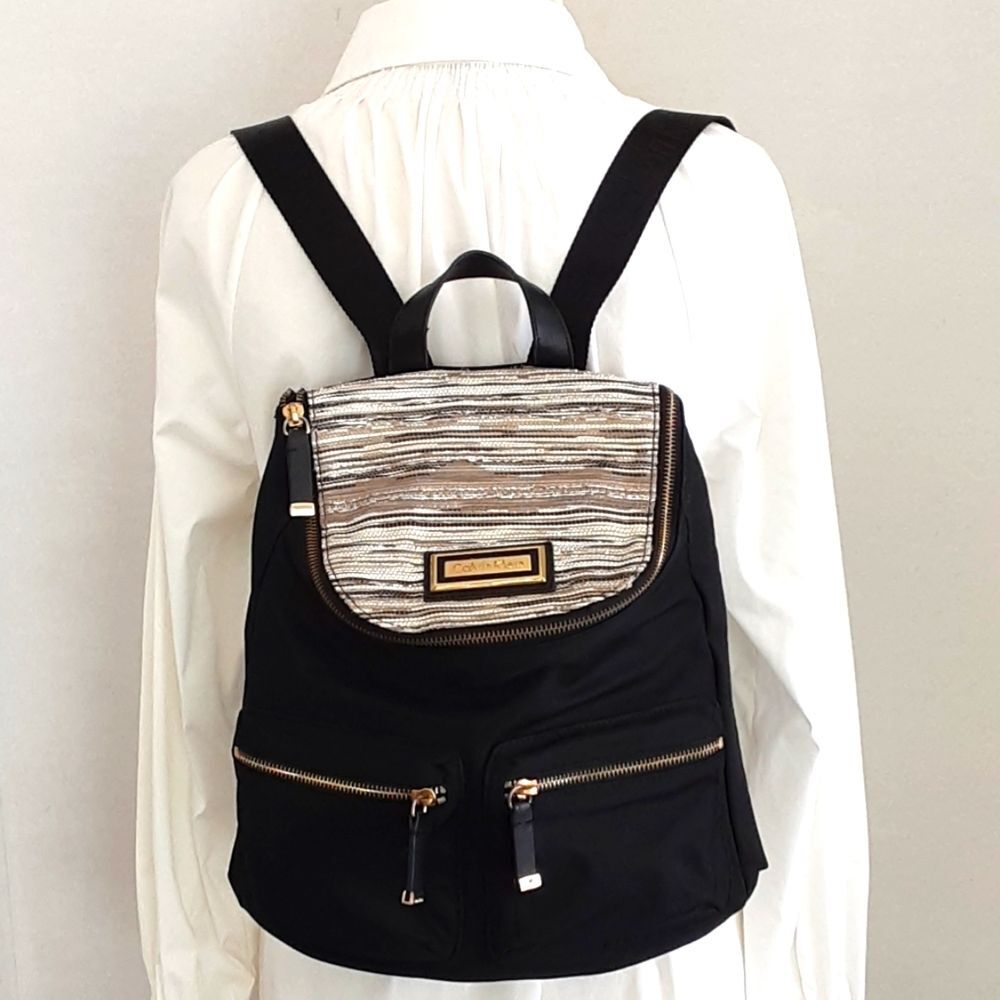 CALVIN KLEIN Gold-Silver Flap Accent Nylon Faux Leather Handbag Backpack - Picture 2 of 11